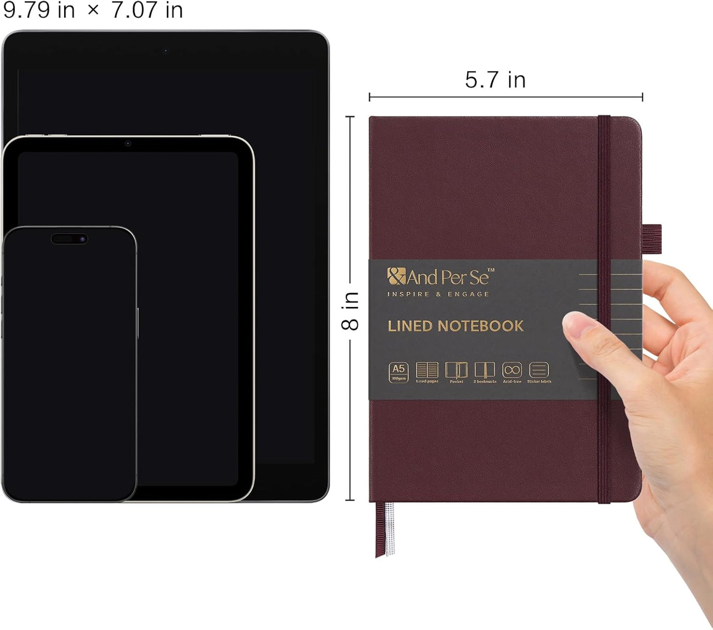 &And Per Se Lined Journal Notebook (5 Packs), 160 Pages, A5 5.7 x 8 inches College Ruled Thick Paper Notebook Journals for Writing, Hardcover Notebooks for Women Men Office School (Dark Red)