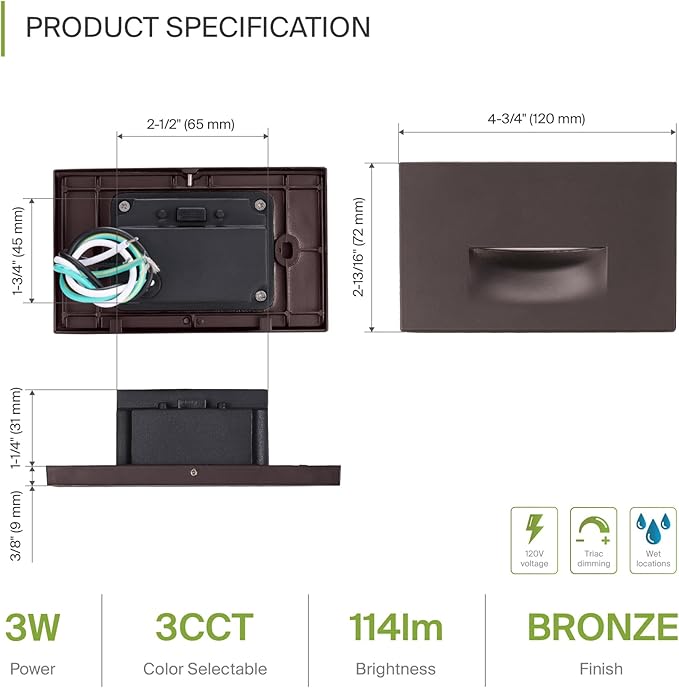 ASD LED Recessed Step Light Fixture, Outdoor & Indoor Stair Tread Lighting | 3CCT, Dimmable, Waterproof, ETL Listed | 3W 120LM 3000K-5000K 120V | Staircase Hardwired Illumination | Dark Bronze