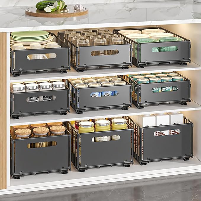Pull Out Cabinet Organizer Slide Out Drawer Storage Shelves Cupboard Organiser Sliding Cabinet Basket for Kitchen No Drilling and Nailing (Black, 2Piece 9.8" W X 15" D X 3.9" H)