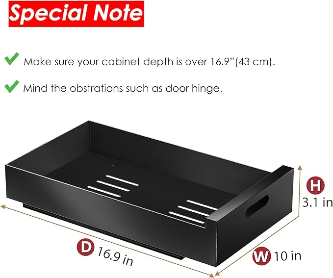 HBL' 2 Pack | 16.9" Deep Pull Out Cabinet Organizer Adhesive, 10-Inch Wide Sturdy Carbon Steel Roll-Out Drawers for Face Frame or Frameless Cabinets, Slide-Out Shelves for Pantry.