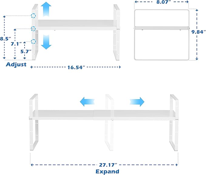 SANNO Expandable Kitchen Shelf Organizers, Stacking Shelf Large Kitchen Cupboard Organizer Stackable Counter Shelf Organizer Large Expandable Shelves, White 3 Pack