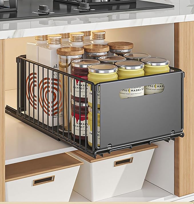 Pull Out Cabinet Organizer Slide Out Drawer Storage Shelves Cupboard Organiser Sliding Cabinet Basket for Kitchen No Drilling and Nailing (Black, 1Piece 9.8" W X15 D X 7.5" H)