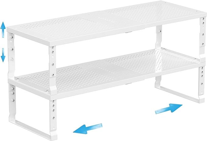 Expandable Spice Rack Kitchen Cabinet Shelf Organizer, Stackable Storage Shelves Racks, Adjustable Counter Shelving for Cabinets, Countertop, Cupboard,Pantry and More(2Packs/White/Medium)