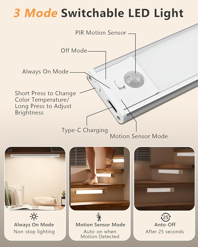 Under Cabinet Lighting, LED Rechargeable Motion Sensor Closet Lights, 3 Color Temps Under Counter Lights, Wireless Dimmable Magnetic Battery Operated Light Indoor for Kitchen, Stairs, Pantry
