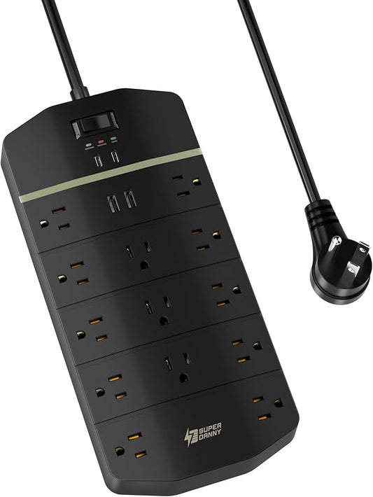 Power Strip,SUPERDANNY 5000 Joules Surge Protector with 13 AC Outlets 2 USB-A & 2 USB-C PD 20W Fast Charging Heavy Duty 14AWG/3C Industrial Grade 15ft Extension Cord for Workbench Home Office Black