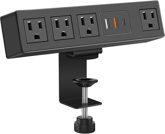 CCCEI Desk Clamp Power Strip with USB-A and USB-C Ports, Desktop Mount Surge Protector 1200J, Widely Spaced Desk Outlet Station, Fast Charging, 10 FT Flat Plug, Fit 1.9 inch Tabletop Edge. (Black)