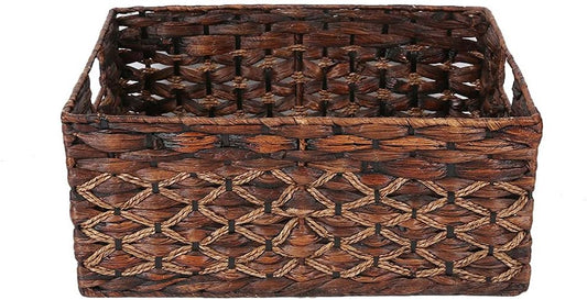 Rectangular Wicker Storage Basket, Dark Water Hyacinth Basket With Inside Handles Shelves Kitchen Office Desk (Large)