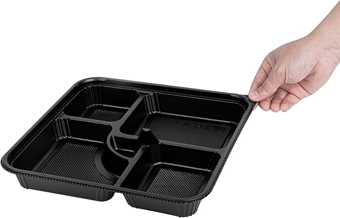 Restaurantware-Bento Tek 39.6 Ounce Meal Prep Containers, 50 Disposable To Go Food Boxes - Lids Sold Separately, 5 Compartments, Black Plastic Bento Lunch Boxes, Microwavable, Freezable