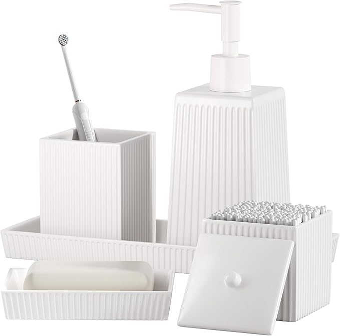 Bathroom Set - White Bathroom Accessories Set, 5PCS Ceramic Bathroom Accessory Set, Bathroom Sets with Soap Dispenser, Toothbrush Tumbler, Soap Dish, Q-tip Holder & Vanity Tray