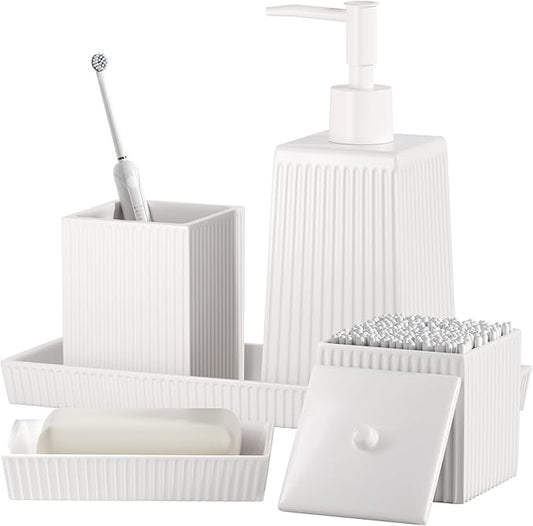 Bathroom Set - White Bathroom Accessories Set, 5PCS Ceramic Bathroom Accessory Set, Bathroom Sets with Soap Dispenser, Toothbrush Tumbler, Soap Dish, Q-tip Holder & Vanity Tray