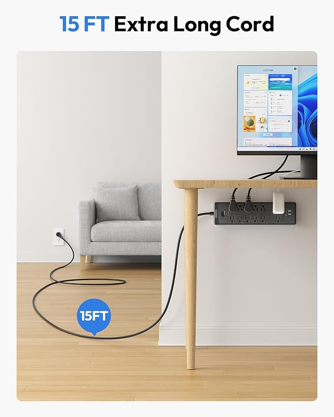NTONPOWER 15 ft Extension Cord, Flat Plug Surge Protector Power Strip with USB, 12 Outlets Surge Protector Wall Mount, 2100 Joules, 1875W, 15A Circuit Breaker for Home Office Dorm Essentials, Black