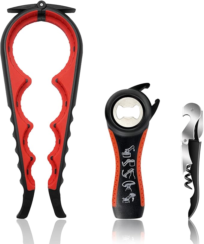 Jar Opener for Weak Hands, Seniors with Arthritis, 5 in 1 Multi Function Bottle Opener Lid Opener For Arthritic Hands with Corkscrew Wine Opener (red)