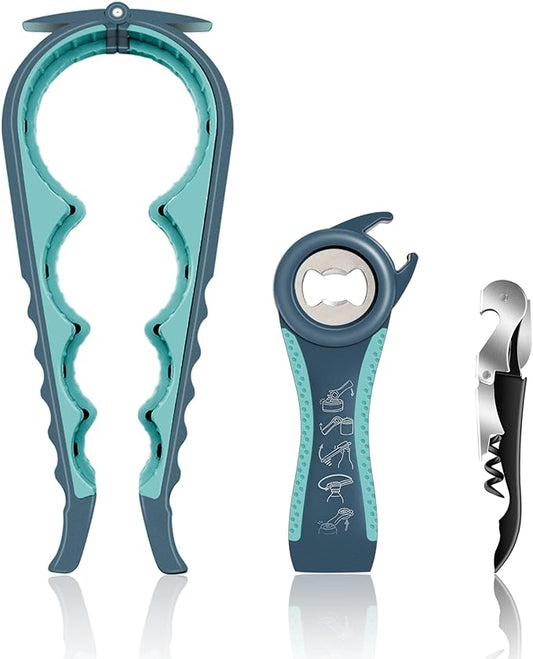 Jar Opener for Weak Hands, Seniors with Arthritis, 5 in 1 Multi Function Bottle Opener Lid Opener For Arthritic Hands with Corkscrew Wine Opener (blue)