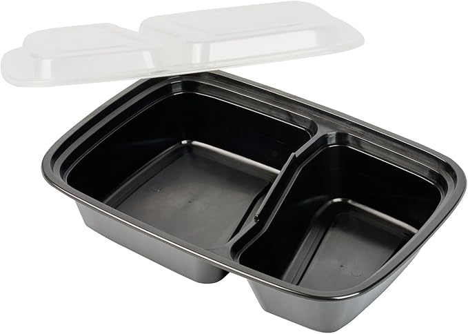 Restaurantware Asporto 32 Ounce Compartment Take Out Boxes, 50 Microwavable Meal Prep Containers - 2 Compartments, With Clear Plastic Lids, Black Plastic Food Containers, Do Not Contain BPA
