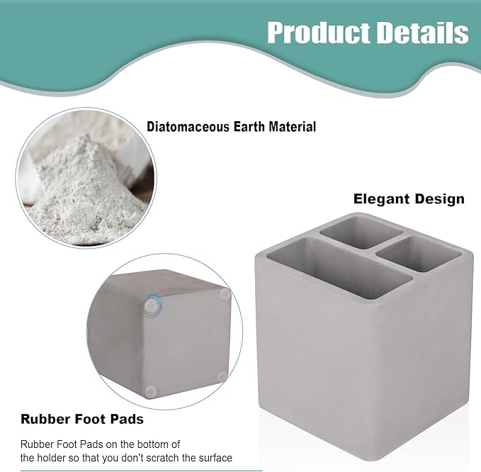 Diatomite Toothbrush Holders for Bathrooms, Electric Toothbrush and Toothpaste Holder 3 Slots Tooth Brush Organizer for Bathroom Countertop, Shower, Vanity - Dark Grey