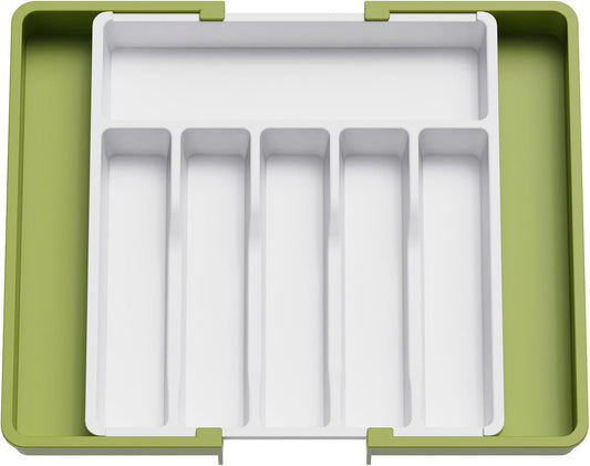 Lifewit Silverware Drawer Organizer, Expandable Utensil Tray for Kitchen, BPA Free Flatware and Cutlery Holder, Adjustable Plastic Storage for Spoons Forks Knives, Large, Green&White