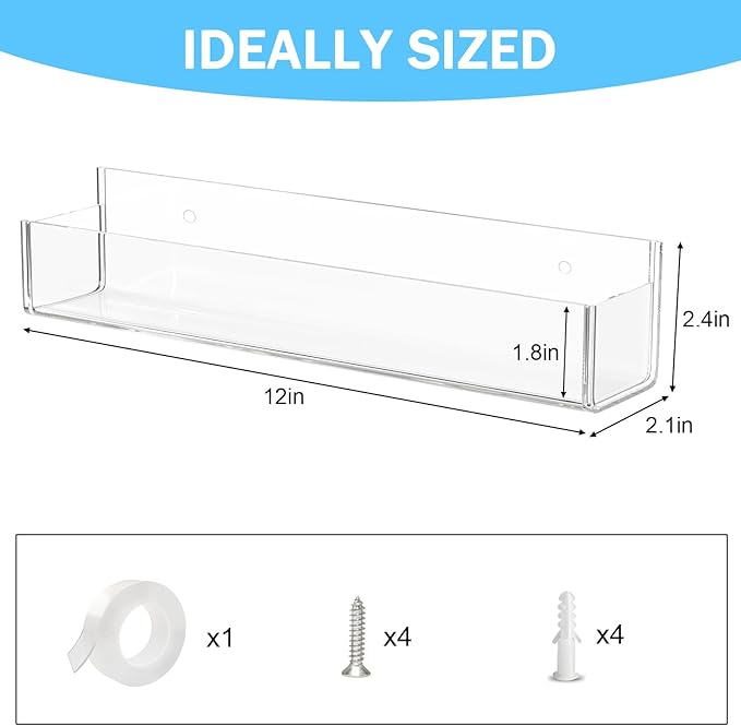 VAEHOLD Adhesive Acrylic Spice Rack with Nano Double Sided Tape Wall Mount Organizer, Wall Spice Rack With Shelf Ends for Kitchen Cabinet Door - 2 Pack 12‘’ Shelves (Colorful)