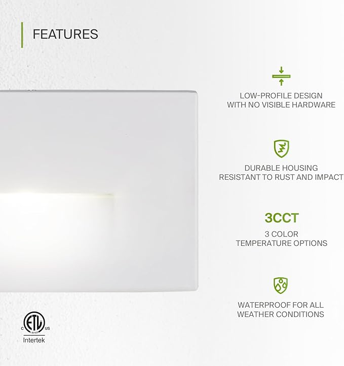 ASD LED Recessed Step Light Fixture, Outdoor & Indoor Stair Tread Lighting | 3CCT, Dimmable, Waterproof, ETL Listed | 3W 120LM 3000K-5000K 120V | Staircase Hardwired Illumination | White, 4 Pack