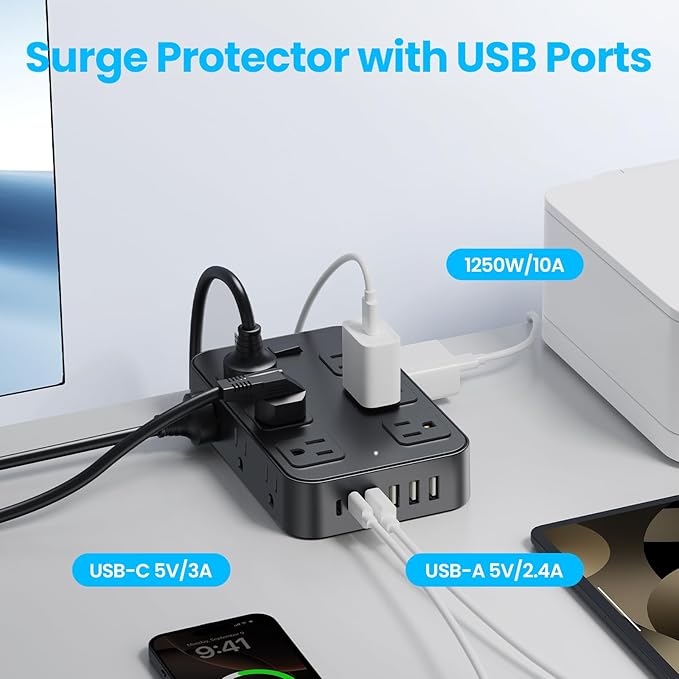Flat Plug Power Strip Surge Protector with 12 AC Outlets 6 USB Ports 3 Side Multi Plug Outlet Extender 15 Ft Extension Cord for Home Office Kitchen Dorm Wall Desk Charging Station ETL Listed