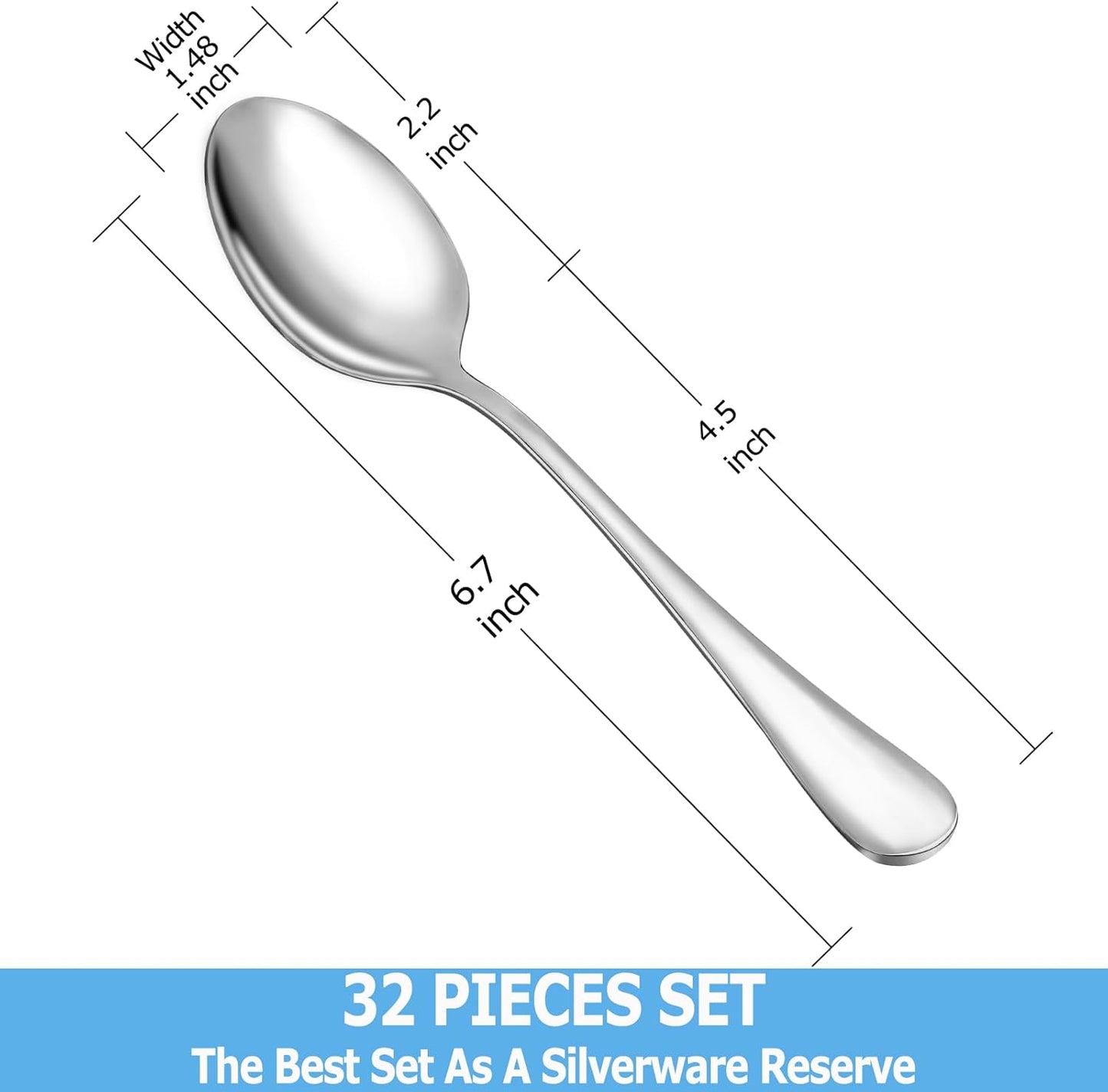 32 Pcs Teaspoons Set, Food Grade Stainless Steel Tea Spoons, Durable Small Spoons, Metal Dessert Spoon, Spoon Silverware for Home, Kitchen or Restaurant, Mirror Polished & Dishwasher Safe, 6.7-Inch