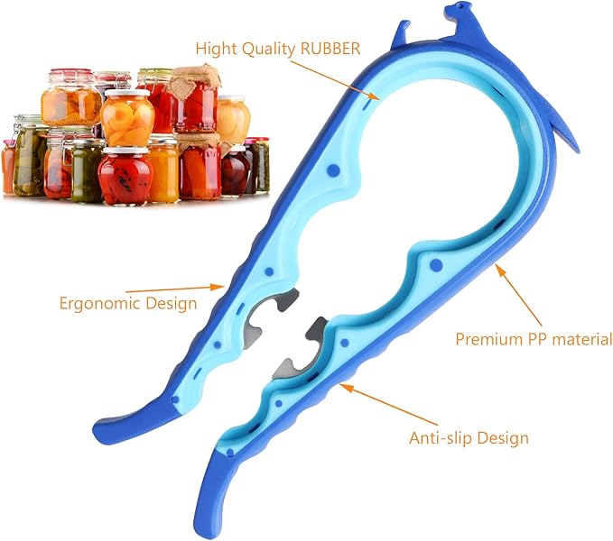Latest Jar Opener Bottle Opener for Weak Hands, 6 in 1 Multi Function Can Opener Bottle Opener Kit with Silicone Handle Easy to Use for Children, Elderly and Arthritis Sufferers(JAR-Blue3.0)