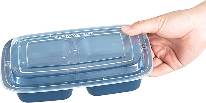 Restaurantware Asporto 26 Ounce Compartment Take Out Boxes, 100 Microwavable Meal Prep Containers - 3 Compartments, With Clear Plastic Lids, Midnight Blue Plastic Food Containers, Do Not Contain BPA