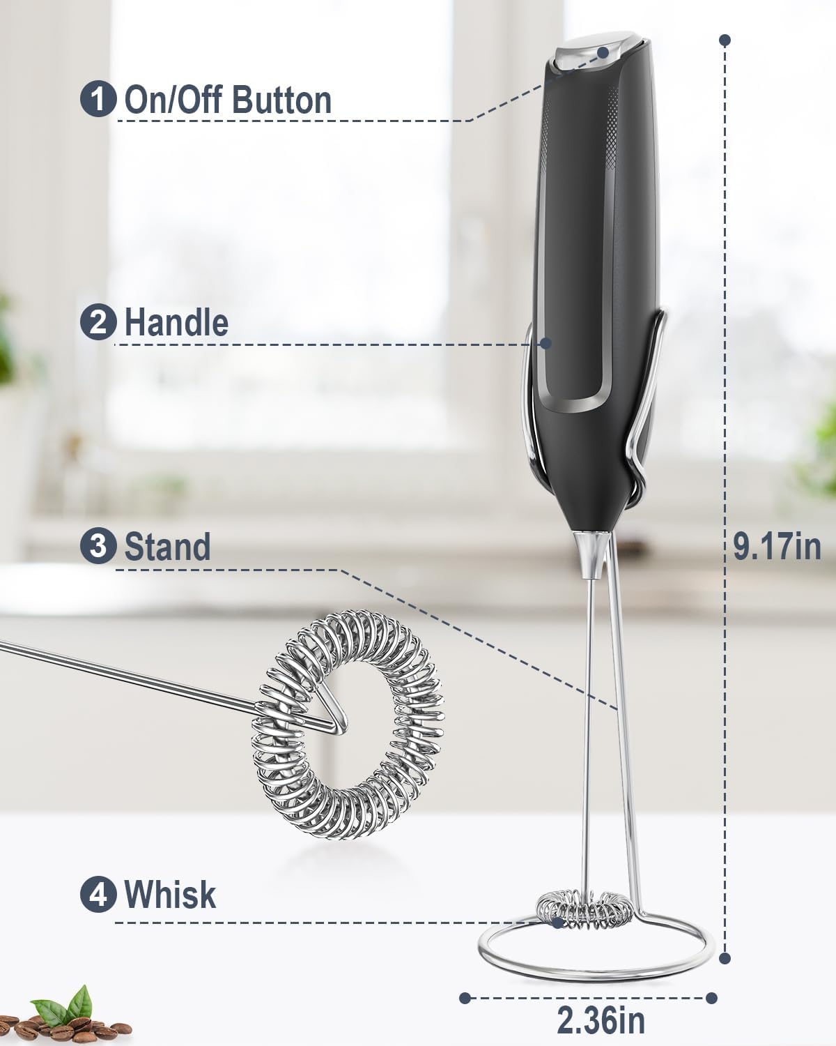 Milk Frother Handheld with Stand, Battery-Operated Electric Foam Maker Frother Wand, Whisk Drink Mixer & Foamer for Coffee, Latte, Matcha, Hot Chocolate