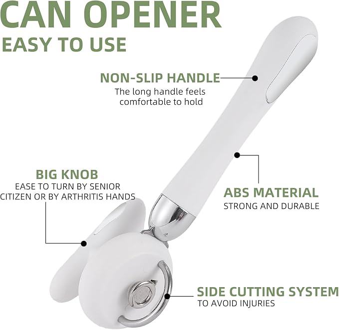 Can Opener Manual Tin Opener Stainless Steel Heavy Duty, Oversized Hand-held Easy Rotary Knob, Safe Cut Manual Can Opener with Non-Slip Handle, Smoother Cut Sharp Blade for Seniors Kitchen Tool, White