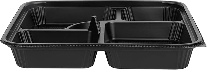 Restaurantware-Bento Tek 39.6 Ounce Meal Prep Containers, 50 Disposable To Go Food Boxes - Lids Sold Separately, 5 Compartments, Black Plastic Bento Lunch Boxes, Microwavable, Freezable