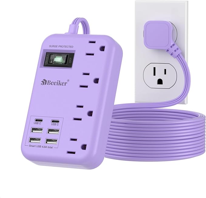 6 USB(2 USB C) Purple Surge Protector Power Strip- 10 Ft Purple Extension Cord with 24W USB Charging Station and 4 Outlets, Pink Desk Accessories for Cute Kawaii Lavender Travel Dorm Room