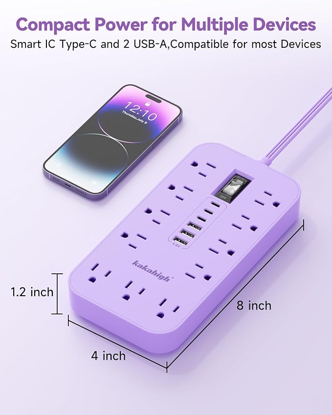 Purple Extension Cord with Multiple Outlets- 5 FT Lavender Power Strip, Girls Extension Cord with 11 AC Outlet 6 USB (24W/4.8A), Charging Station for Purple Women Lavender Desk Decor Essentials Gifts