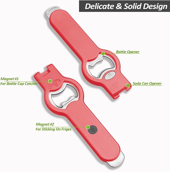 2-in-1 Magnetic Soda Can & Beer Bottle Opener-Dual Magnets for Fridge & Cap Catcher, Heavy Duty Stainless Steel, Perfect for Big Hands,Long nails, RV, Bartender, Gift for Father, Red, Openpro 2 Pack