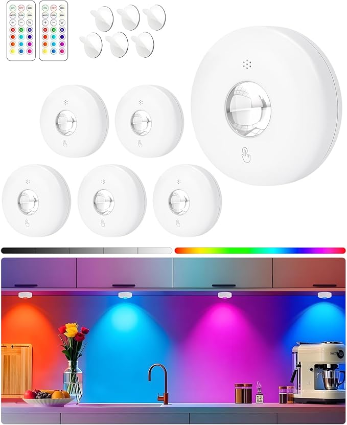 Yiliaw LED Puck Lights with Remote, Magnetic AAA Battery Operated Light, Under Cabinet Lighting, Tap Lights with Dimmer & Timmer for Kitchen, Closet, Shelf - 6 Pack, White