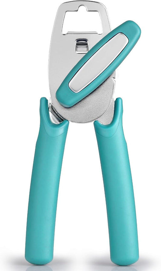 Zulay Kitchen Heavy Duty Stainless Steel Manual Can Opener – Ergonomic Soft Grip Handles, Smooth Edge Cutting Wheel & Large Built In Bottle Opener – Easy Turn Knob for Effortless Use - Aqua