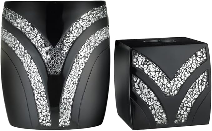 Zahari Home 2pc Sinatra Black Modern Bath Accessories Set Waste Basket & Tissue Box Modern Decorative Beautiful Designs Bathroom Decor Set for Home Luxury Bath Set Mosaic Glass