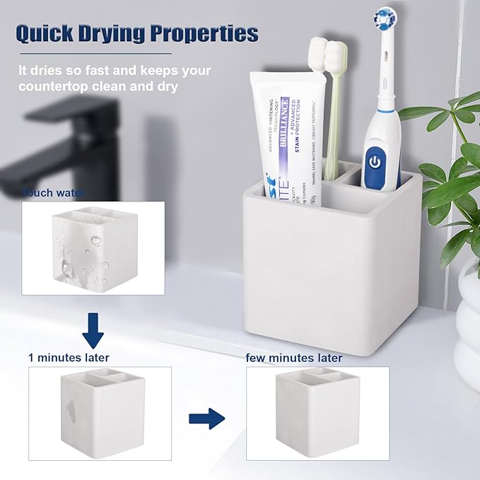 Diatomite Toothbrush Holders for Bathrooms, Electric Toothbrush and Toothpaste Holder 3 Slots Tooth Brush Organizer for Bathroom Countertop, Shower, Vanity - Greyish White