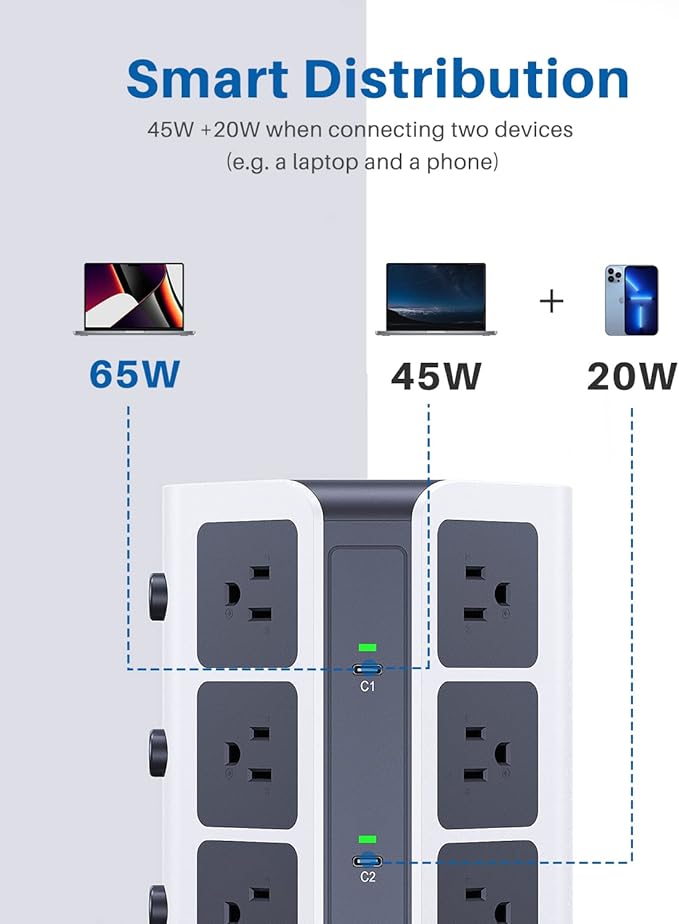 KOOSLA [65W] PD Power Strip Tower Surge Protector, USB C Desktop Charging Station with 12 Widely Spaced AC Outlets / 2 USB-C / 3 USB-A Ports, 6.5ft Heavy-Duty Extension Cord for Home Office Dorm…