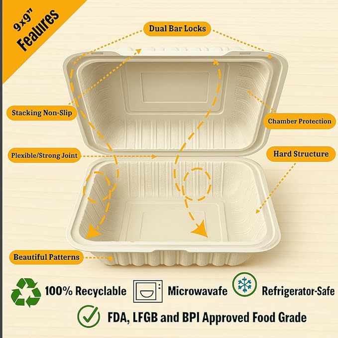 Darong 9x9x3 Clamshell Food Containers with Lids – 150 per Case + 80pcs Bonus Thank You T-Shirt Bags | Disposable Takeout Boxes, 1 Compartment, Microwave & Refrigerator Safe, 100% Recyclable