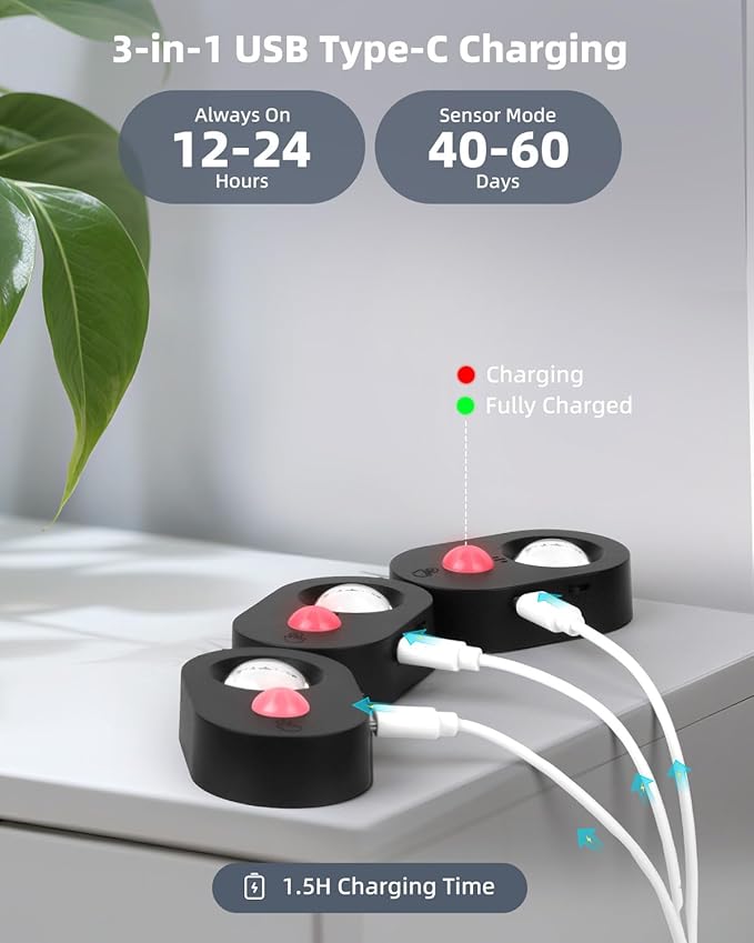 Yiliaw LED Motion Sensor Puck Lights Indoor, Small Rechargeable Under Cabinet Lighting, Dimmable Warm White Closet Lights, Stick on Wireless Night Light for Drawer, Shelf, Kitchen, Black (9 Pack)