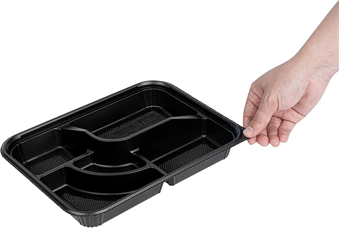 Restaurantware-Bento Tek 26.2 Ounce Meal Prep Containers, 100 Disposable To Go Food Boxes - Lids Sold Separately, 5 Compartments, Black Plastic Bento Lunch Boxes, Microwavable, Freezable