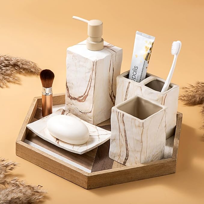 Bathroom Accessories Set 4 Pieces Toothbrush Holder Soap Dispenser Ceramic Bathroom Decor Set Contain Toothbrush Cup Soap Dish Tumbler Marble Brown