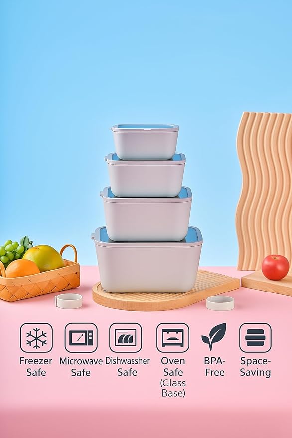 Glass Food Storage & Meal Prep Container Set of 4 with Airtight Glass Lids, Leakproof, 3 Free Straps, Ceramic-Coated Borosilicate, Oven, Microwave Safe, BPA & Plastic-Free
