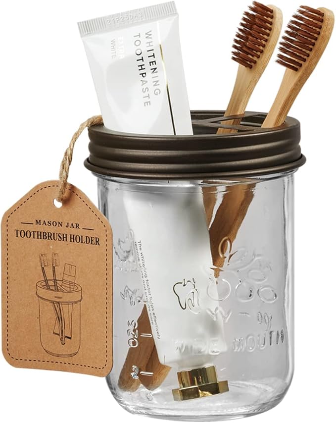 Amolliar Mason Jar Bathroom Accessories Set(4 Pack) -Bronze-Lotion Soap Dispenser&Qtip Holder Set&Toothbrush Holder-Rustic Farmhouse Decor Apothecary Jar Bathroom Countertop,Vanity Organize (Bronze)