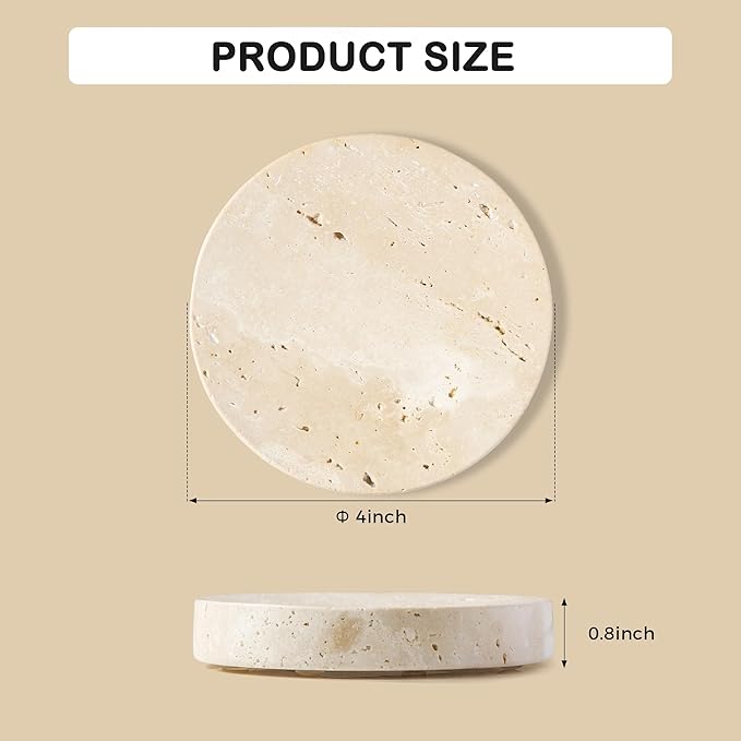 WORHE Marble Soap Dishes Natural Travertine Stone Sponge Holder for Bathroom Tub Shower Kitchen Sink, Handcraft Round Soap Case Trinket Plate Jewelry Tray Coaster for Home Decor Color Beige (WH046)