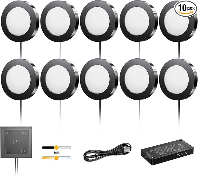 VST Under Cabinet Lights CCT 3000K-6000K, Puck Lights Color Temperature and Brightness Adjustable with Touch Switch and ETL Listed Led Driver, Plug in Led Light for Kitchen Under Cabinet 10pack