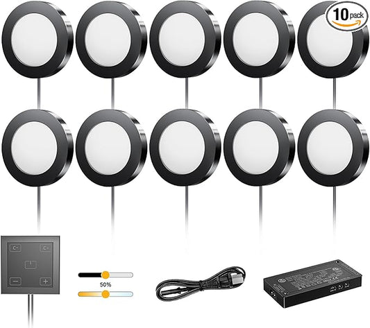 VST Under Cabinet Lights CCT 3000K-6000K, Puck Lights Color Temperature and Brightness Adjustable with Touch Switch and ETL Listed Led Driver, Plug in Led Light for Kitchen Under Cabinet 10pack