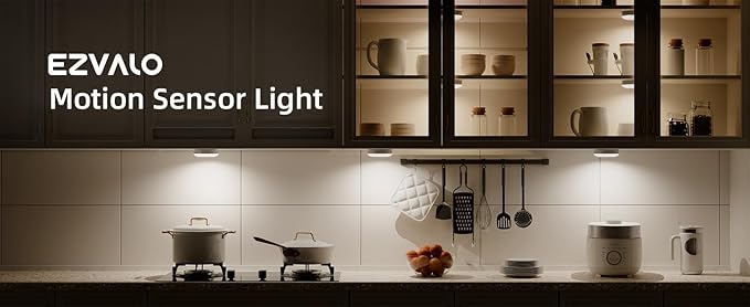 EZVALO Under Cabinet Lighting,1000mAh Rechargeable Puck Lights with Remote,3 Color Temps & 12 RGB Motion Sensor Closet Lights Indoor,Dimmable Under Cabinet Lights for Kitchen,Cabinets,Closet (3 Packs)