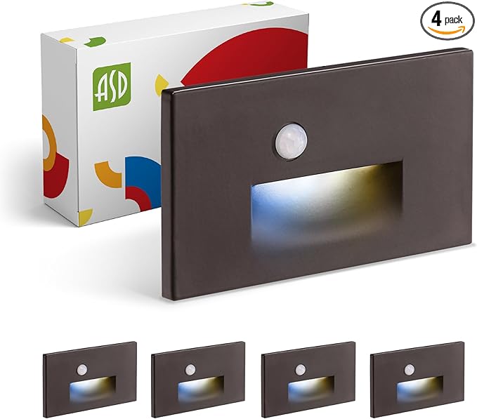 ASD LED Recessed Step Light Fixture, Outdoor & Indoor Tread Lighting | 3CCT, Motion Sensor, Waterproof, ETL Listed | 3W 120LM 3000K-5000K 120V | Staircase Hardwired Illumination | Dark Bronze, 4 Pack