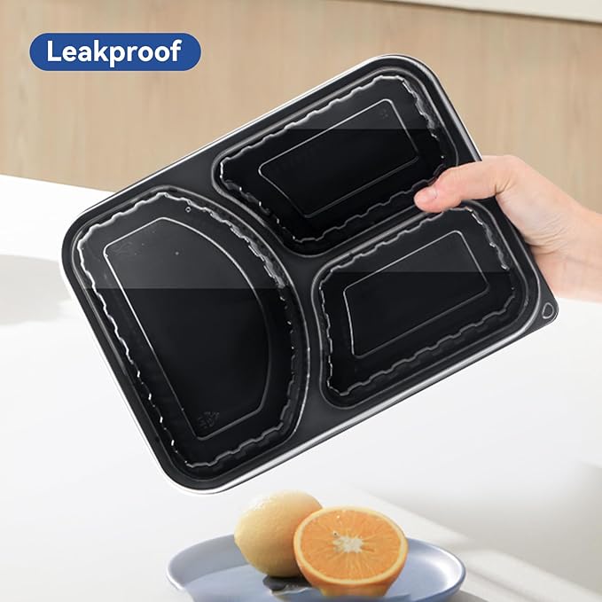 Take Out Containers 38 oz 40 Pack - Shrink Wrapped 3 Compartment Leakproof Catering | BPA Free PP Plastic Microwave & Freezer Safe | Flexible Reusable Commercial Black Lunch Boxes with Lid