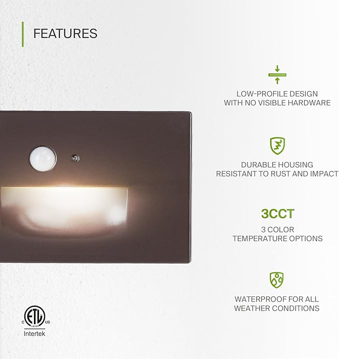 ASD LED Recessed Step Light Fixture, Dusk to Dawn Tread Lighting | 3CCT, Motion Sensor, Photocell, Waterproof, ETL Listed | 3W 120LM 3000K-5000K 120V | Staircase Illumination | Dark Bronze, 4 Pack